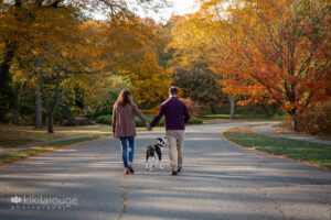Couple holding hands walking down path with foliage dog looking back