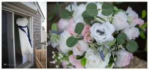 Wedding dress blowing on hanger and wedding rings in bridal bouquet