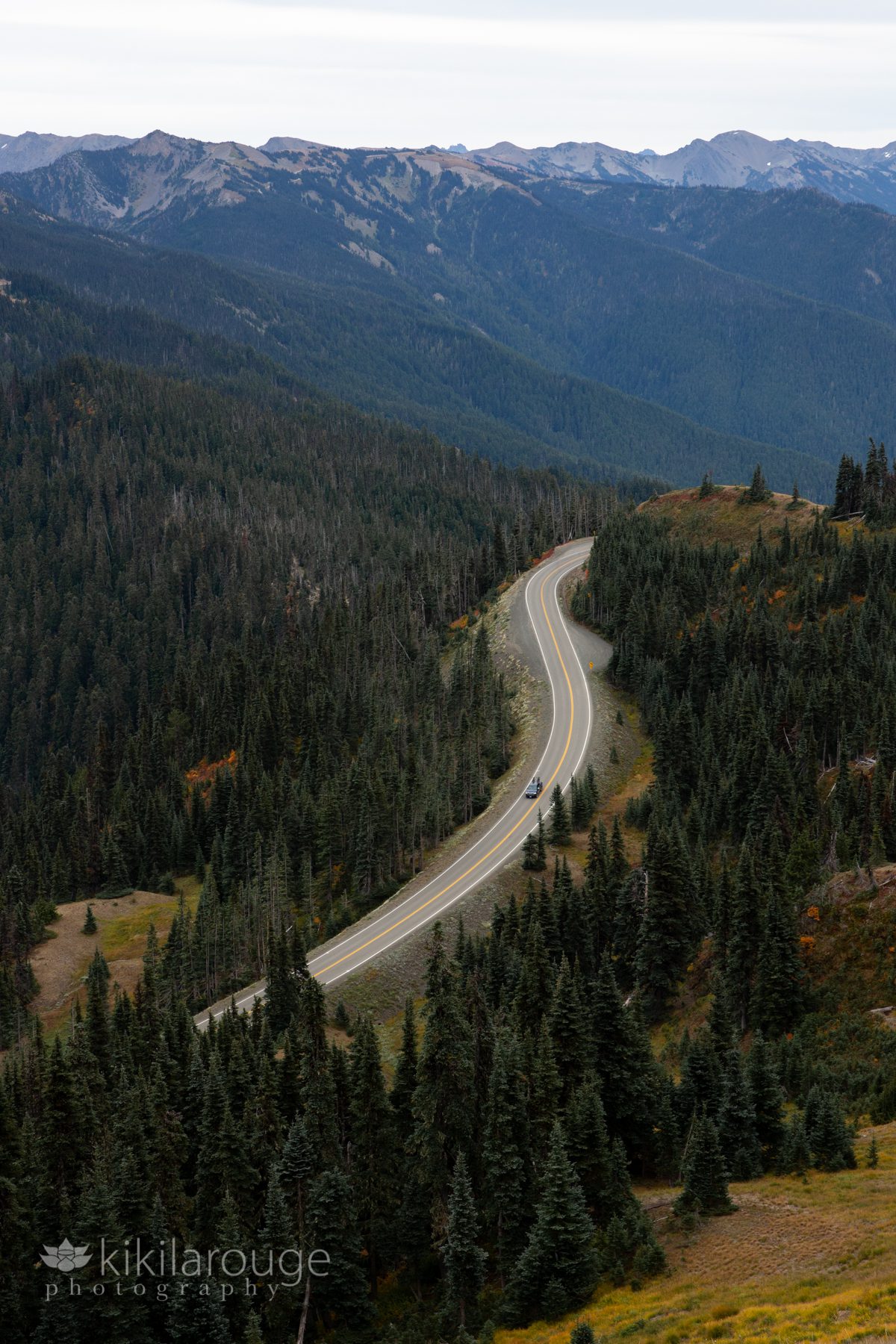 Winding road coming down mountain pass in WA