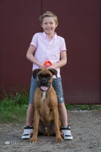 Seven year old boy in pink shirt with his boxer dog posing in front of newburyport harbor wall