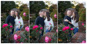 Triptych of a couple smiling, kissing and laughing in a rose garden
