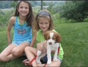 Two little girls with new Brittney Spaniel puppy