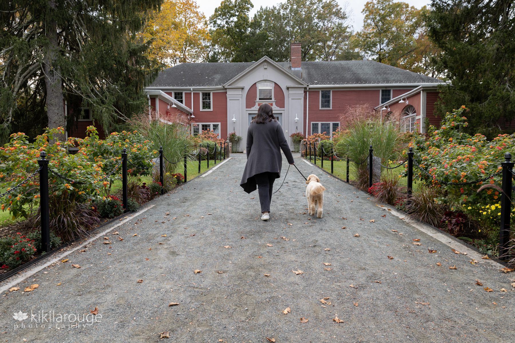 Woman walking way with long gray sweater coat and labradoodle dog with leather leash towards a big red building