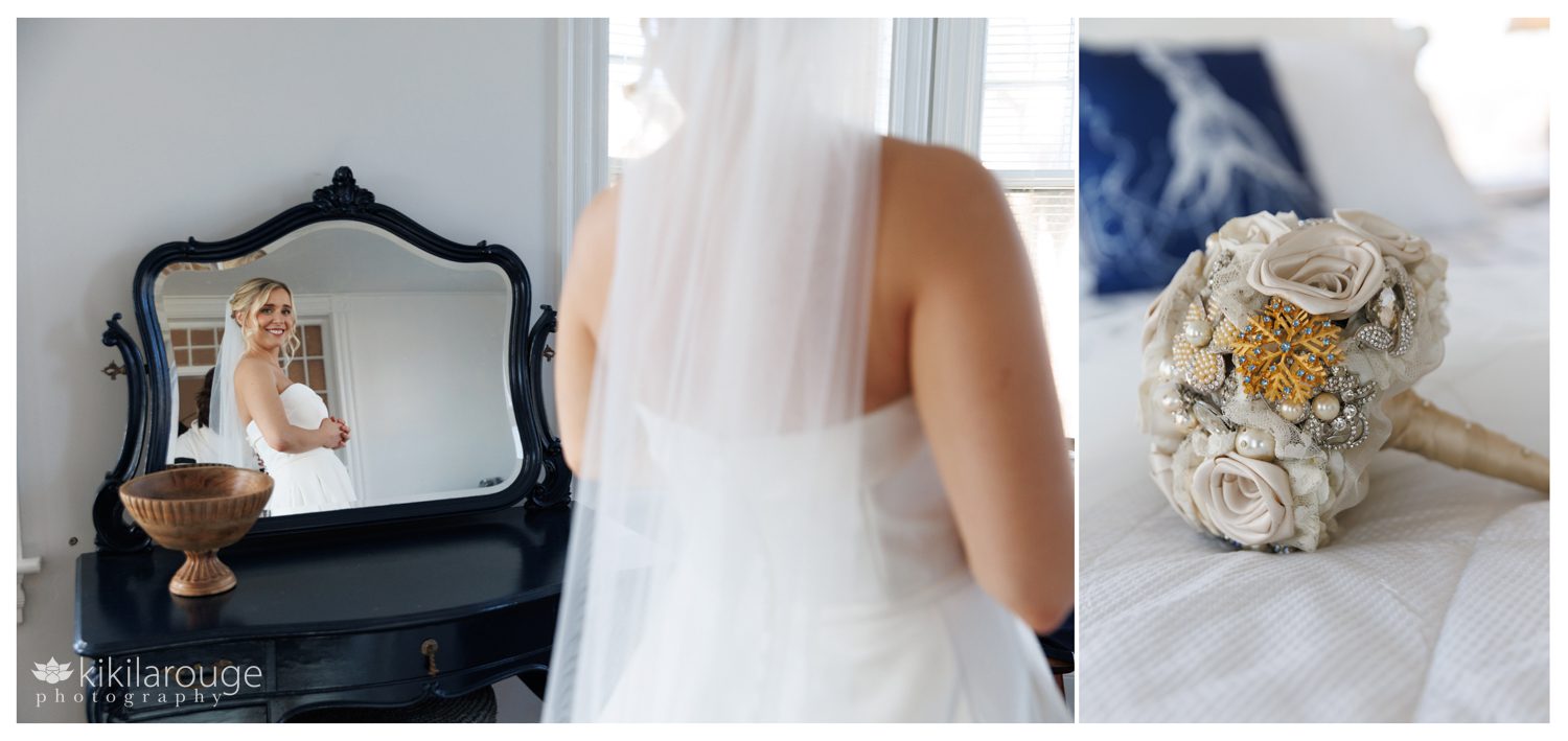 Two images one of a bridal bouquet with a blue brooch and the other of a bride in gown and veil looking into antique mirror