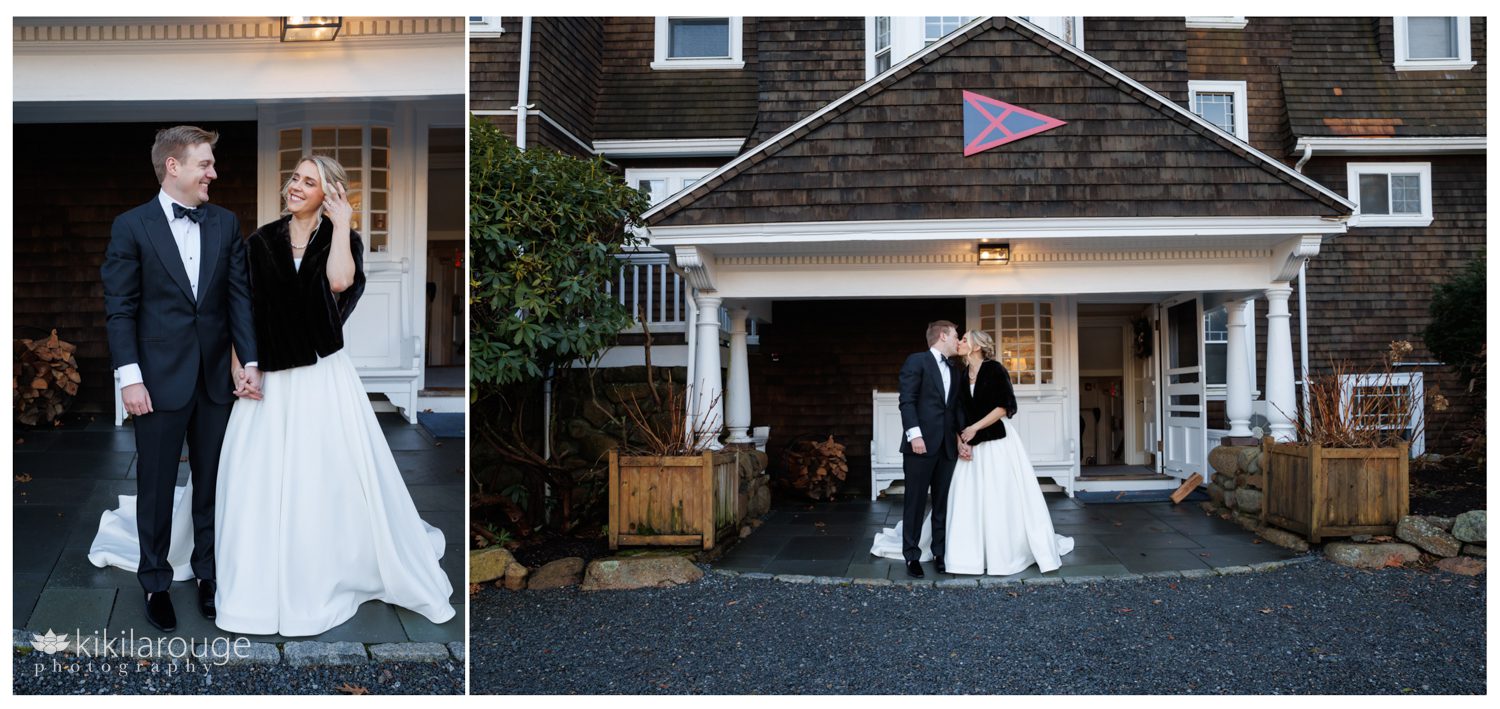Two images of a couple standing outside Eastern Point Yacht Club in the wind with the bride wearing a fur shawl