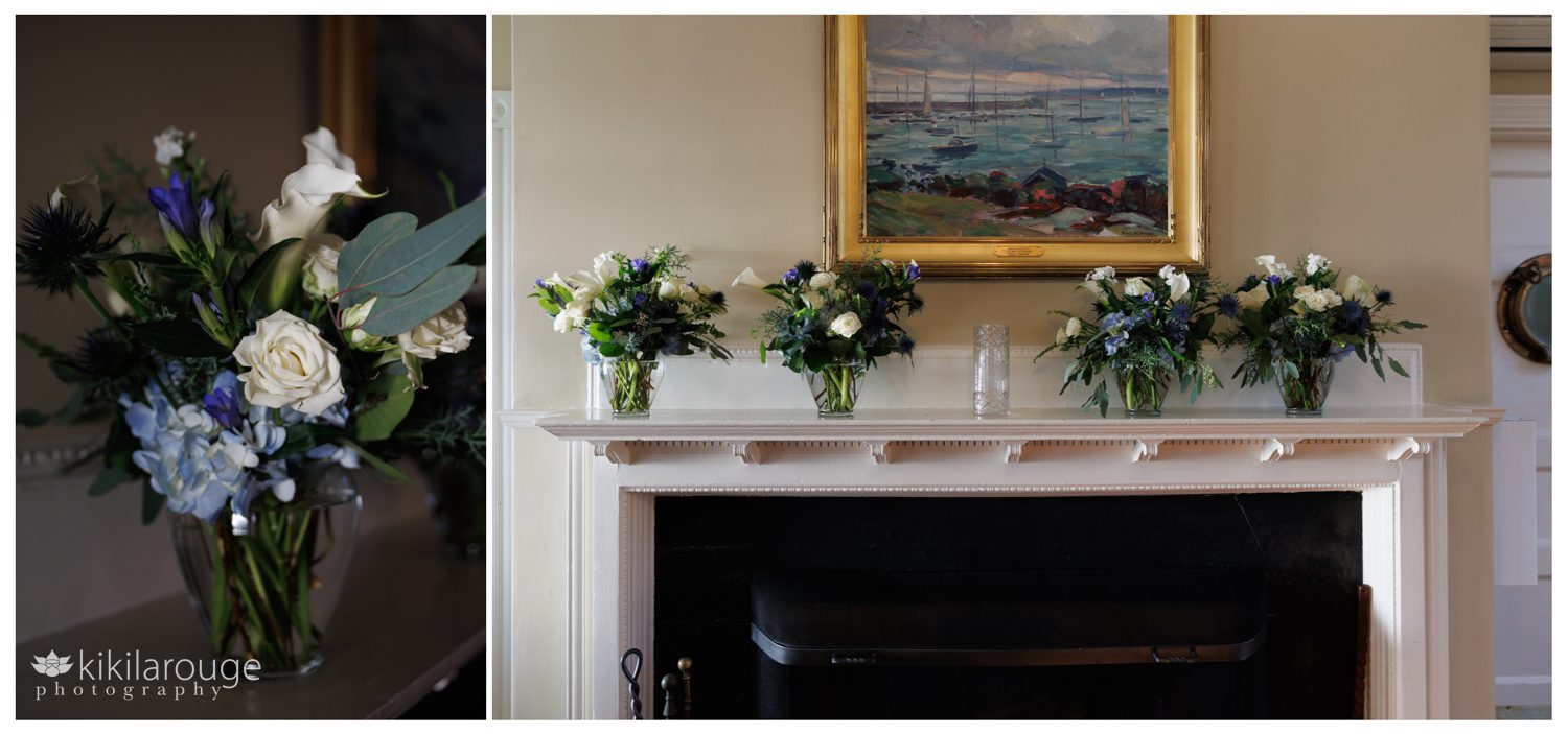 Two images of flowers at a wedding one close up with detail and the other four vases along a fireplace mantle