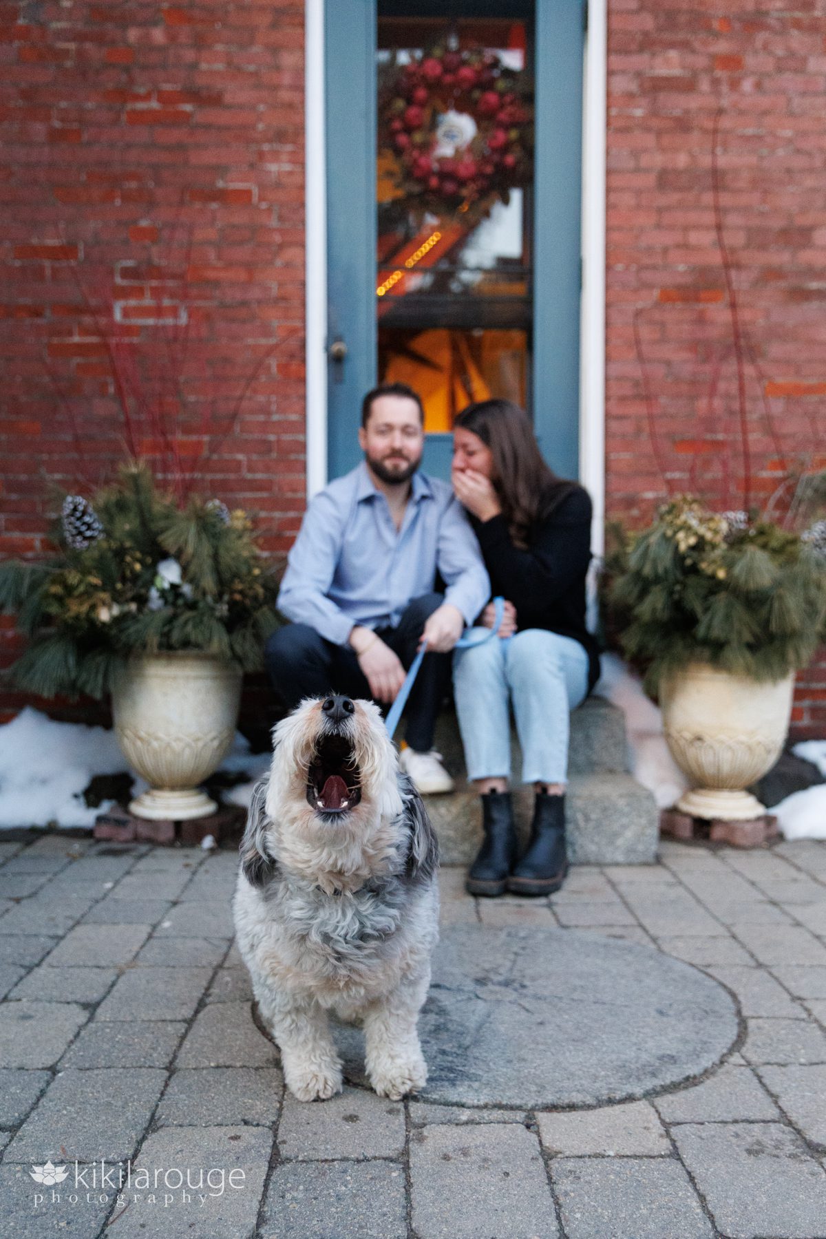 Couple in background laughing at dog in the front howling on blue leash