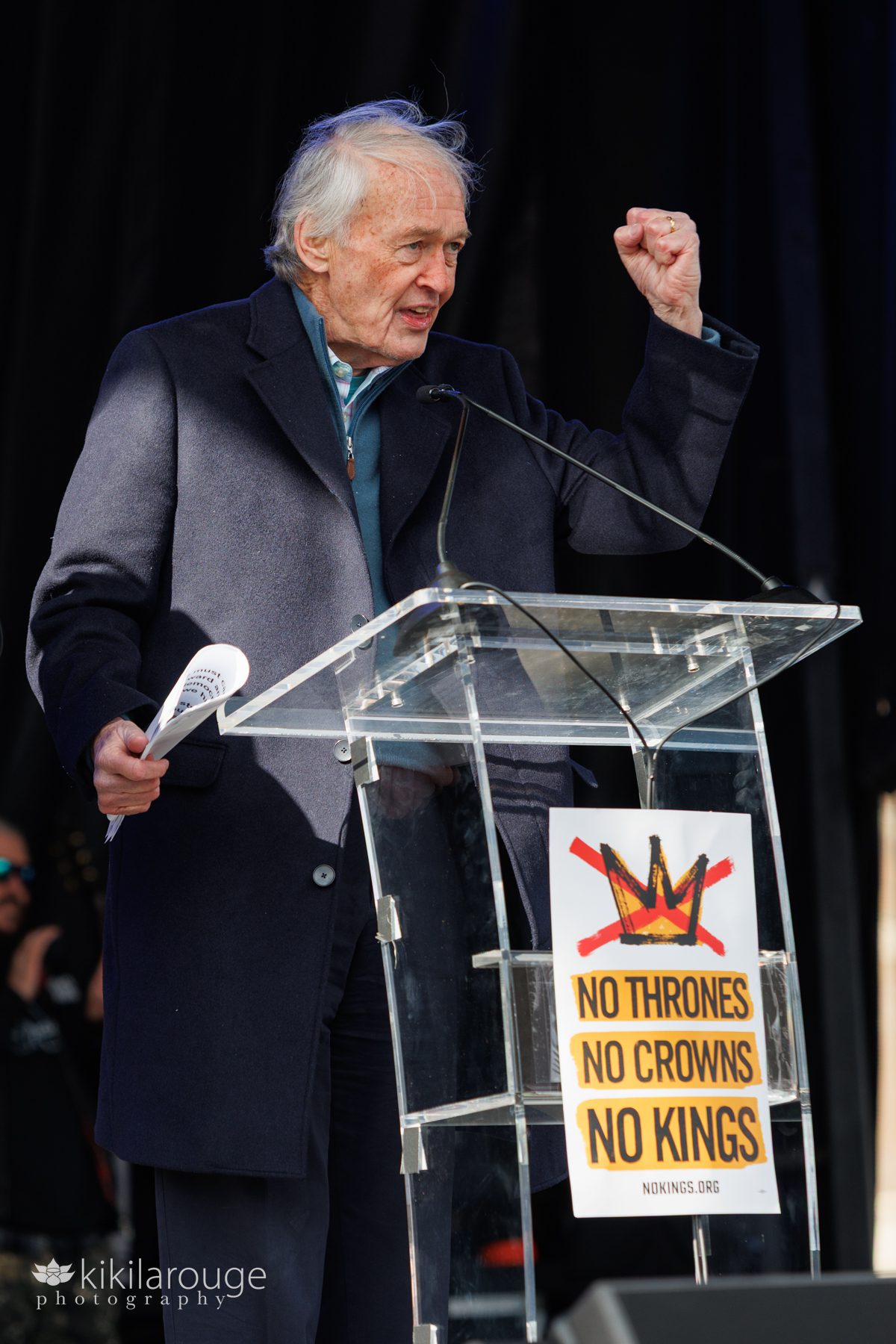 Senator Ed Markey speaking at the No Kings Rally with pumped fist raised in the air