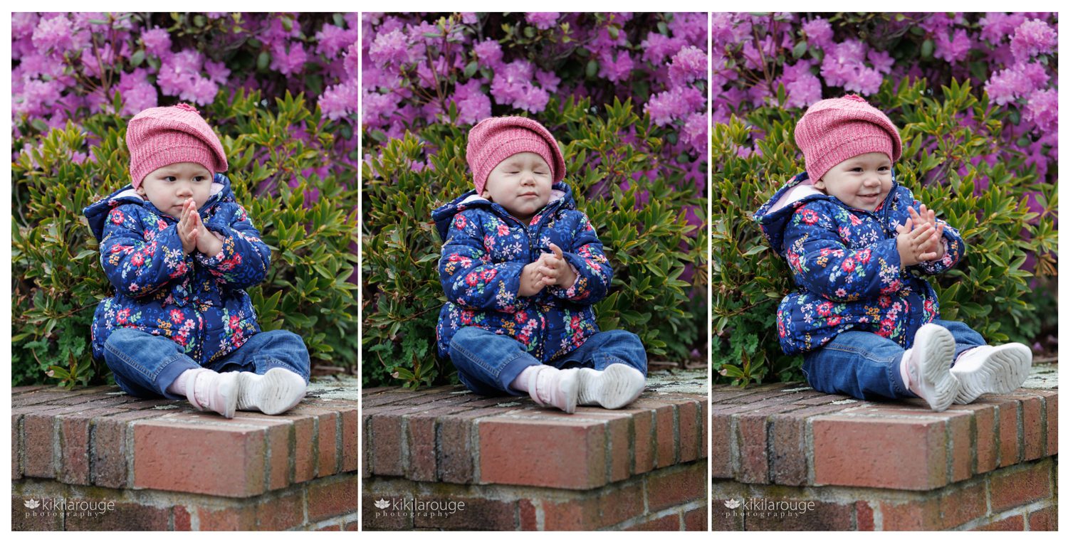 Triptych of a toddler girl doing a Namaste and meditative pose and then laughing with her hands clapping sitting in front of purple flowers in bloom